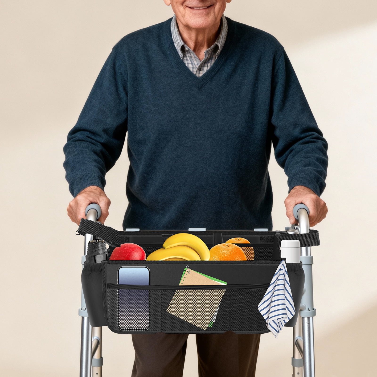 Upgrade Walker Basket with Cup Holder Foldable Walker Storage Bag for Seniors with Big Capacity & Never Tipping Over