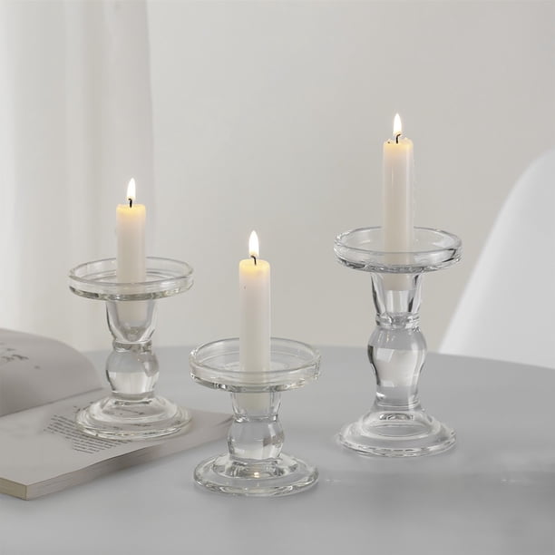 Candelabro de cristal - Candelabros de cristal transparente para decoración de mesa de comedor - 3 tamaños (3,1x3,3 pulgadas, 3,1x4,3 pulgadas, 3,1x5,3 pulgadas) - Cena romántica y decoración del