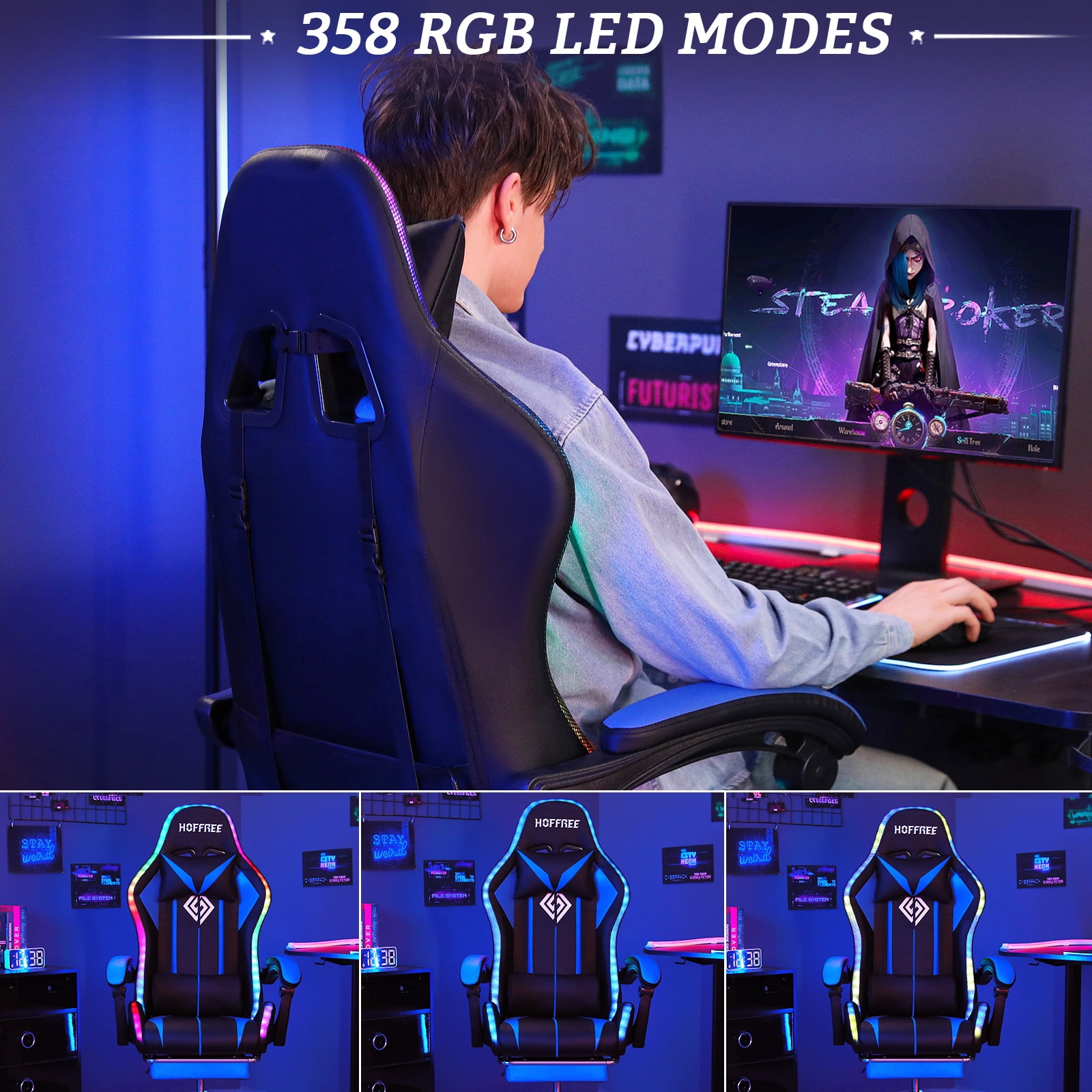 Hoffree Gaming Chair with Massage PU Leather Office Chair with Footrest and LED Light Ergonomic Gamer Chair Lumbar Support Adjustable Headrest High Back Computer Desk Chair for Home Office