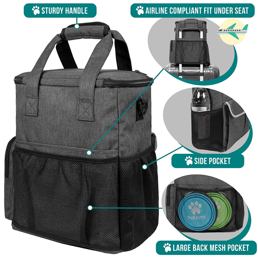 PetAmi Dog Travel Bag Pet Supplies Accessories Organizer For Traveling, Camping, Weekend; Cat Pet Travel Bag Kit includes 2 Food Storage Containers, 2 Collapsible Bowls, 1 Feeding Mat (Dark Gray)
