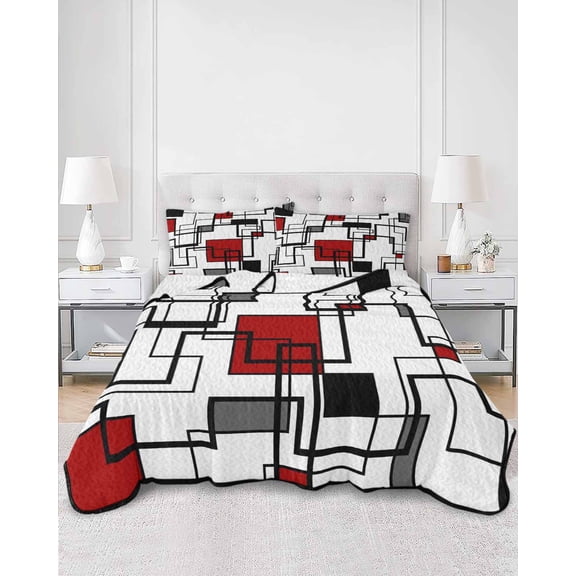 Quilts Twin XL Size, Red Geometric Soft Comforter Bedding Set for Bed, Modern Black Gray Abstract Striped Art Lightweight Quilted Bedspread with Pillow Cover(2 Pieces) for All Season, 68x98 Inch