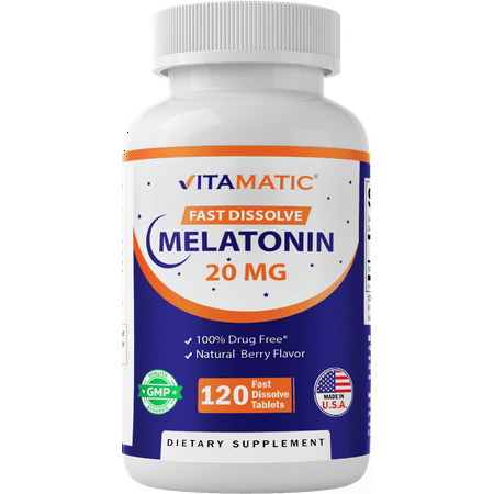 Vitamatic Melatonin 20mg Fast Dissolve 120 Tablets 20 mg - Nighttime Sleep Aid (Double Dose Compare to Melatonin 10mg, 12 mg, 12mg, 10 mg )