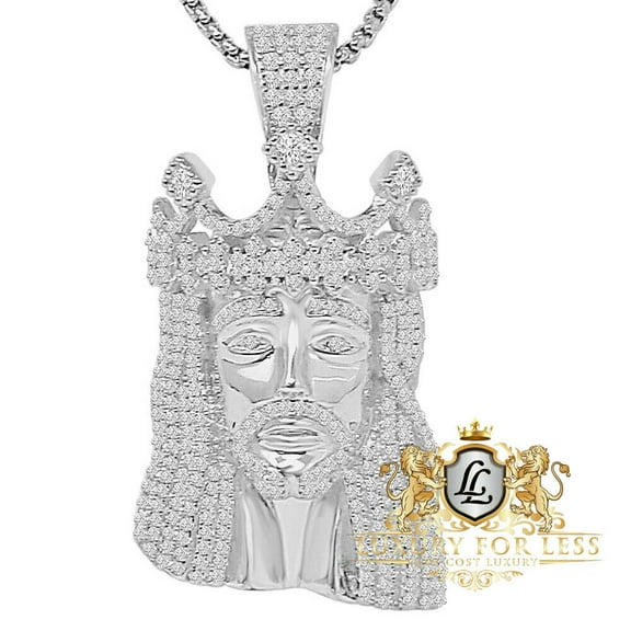 36  Grams Big 2.25'' Genuine Silver 14K White Gold Over Jesus Face Crown Charm Pendent