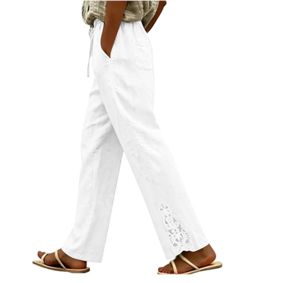 Cagogo Women's Straight Leg Trousers Elastic Waist Pants with Pockets Solid Casual Long Pants for Travel Vacation Lounge Work Wear Fall Outfits, White S