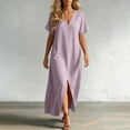 thumbnail image 5 of Dvprdro V Neck Short Sleeve Cotton Side Pockets Loose A Line Maxi Dress for Women Summer Beach Vacation Solid, 5 of 8