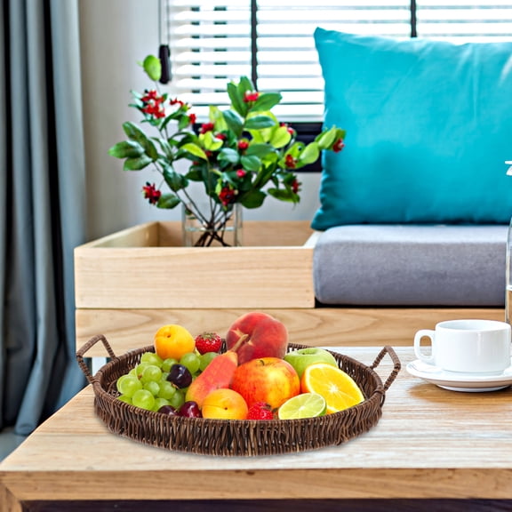 Pp Imitation Rattan Round Decorative Coffee Table Tray Woven Basket Fruit Plate Storage Wicker Bar for