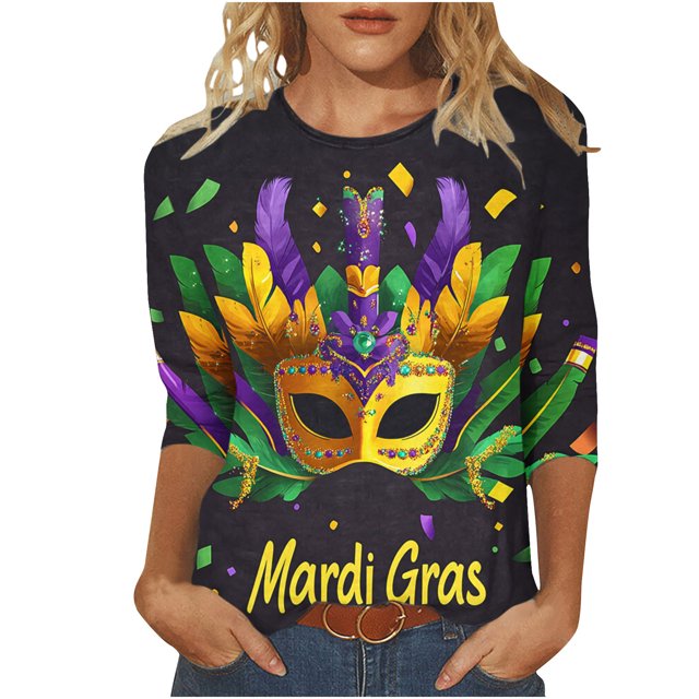 Penkiiy Blouse Carnaval pour Femmes Mardi Gras Mode Imprimée Décontractée Col Rond Manches 3/4 T-shirt Blouse L Multicolore