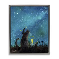 Stupell Industries Cat Playing Under Stars Astrology & Stars Painting Gray Floater Framed Canvas Art Print Wall Art, 17 x 21