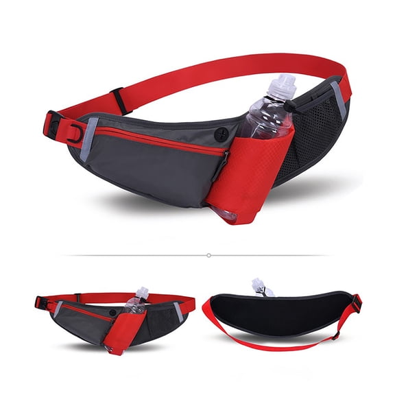 Hiroekza Running Belt with Water Bottle Sports Pack Waist Bag for Men & Women - Nylon Multifunctional Zipper Belt for Running Hiking Climbing - Adjustable Reflective Fitness Gear Accessories Red