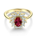 thumbnail image 2 of Gem Stone King 1.60 Ct Oval Red Created Ruby 18K Yellow Gold Plated Silver Flower Ring (Size 7), 2 of 4