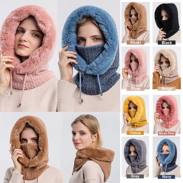 En invierno, el cuello de la bufanda de punto femenino con capucha se mantiene caliente, el sombrero baraklava, el sombrero de frijol, el sombrero rosa a prueba de viento.