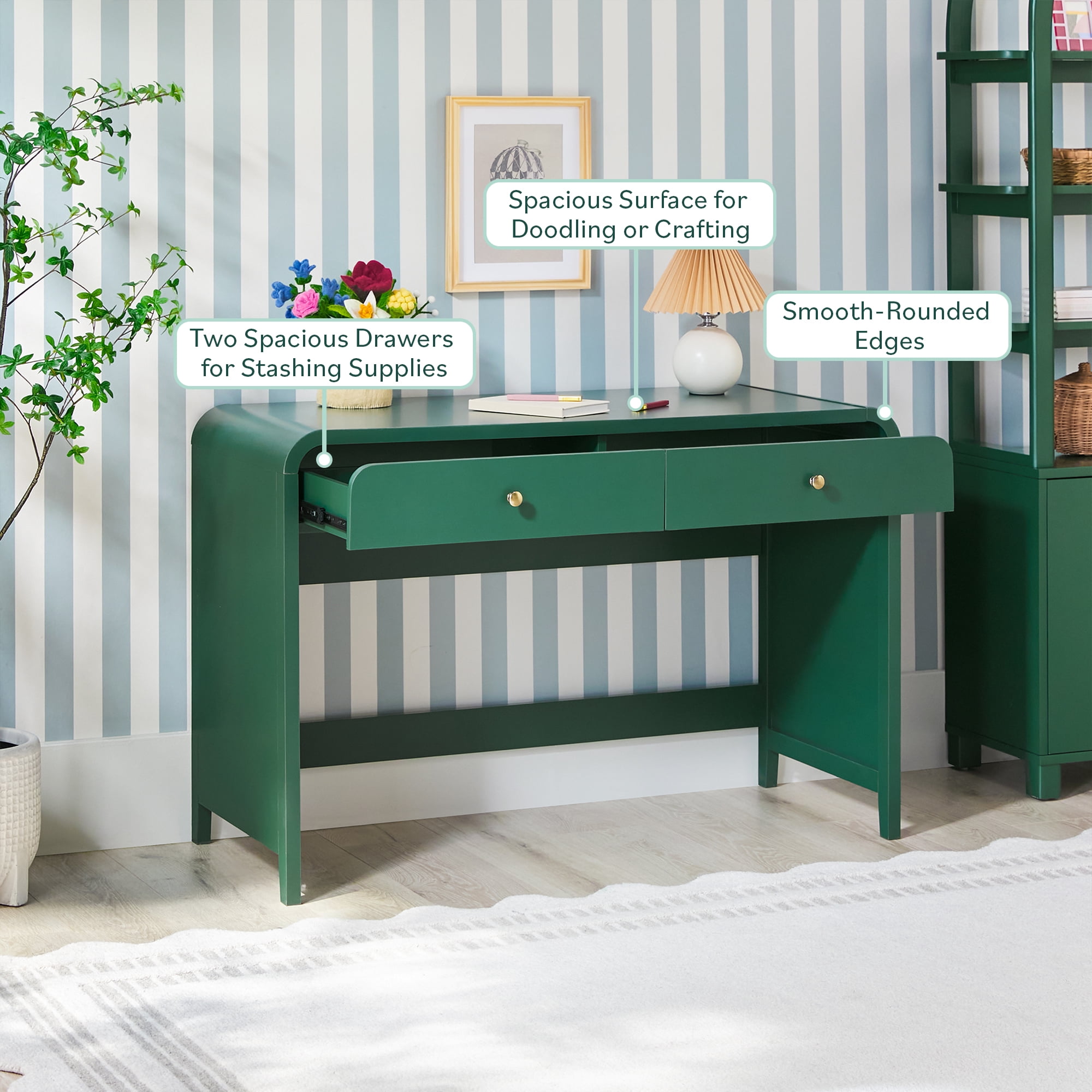 Walker Edison Modern Curve Design Writing Desk with Drawer, Green