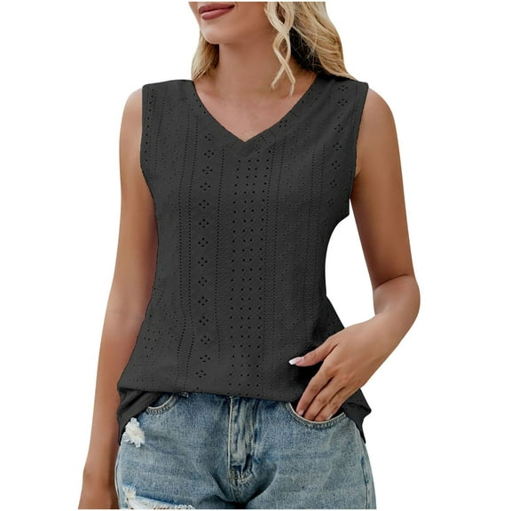 Tuphregyow Women's Floral Print Eyelet Tank Tops Tunic Solid Comfortable Loose Sleeveless Casual Comfortable Blouse