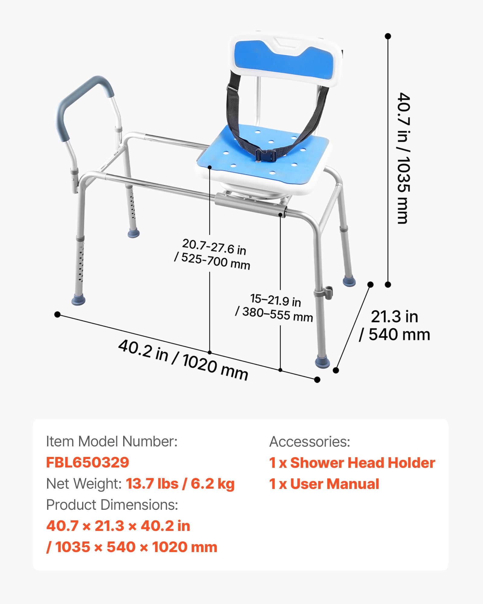 VEVOR Sliding Shower Chair, 400 lbs Tub Transfer Bench for Bathtub with Swivel Seat, Padded Shower Bench with Arms and Backrest, Height Adjustable for Handicap, Adults, Seniors, Elderly and Disabled