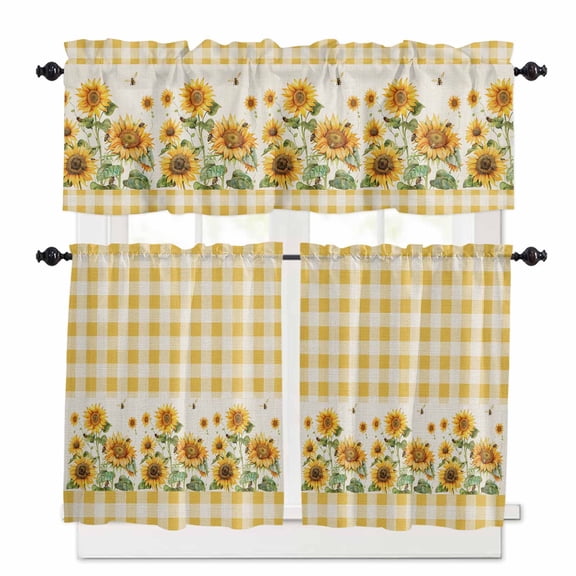 Farmhouse Sunflowers Window Curtains Valance Set of 3 Yellow And White Plaid Linen Texture Rod Pocket Small Kitchen Curtain, Soft Window Treatment for Bedroom Party Holiday Decor