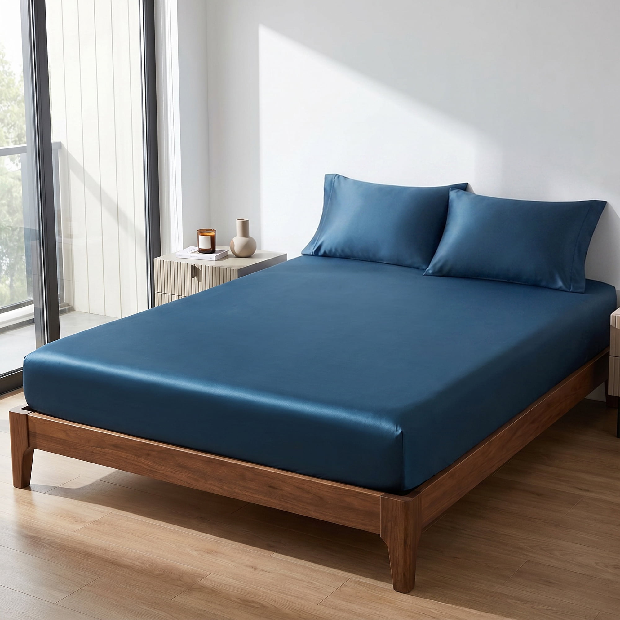 Unique Bargains Fitted Sheet Fiber Bed Sheets Breathable Soft and Comfortable 60.2"x79.9" Deep blue