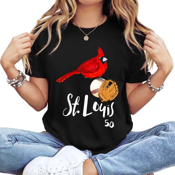 Women's Long Sleeve T-Shirt, St. Louis Cardinal & Baseball Print, Black Casual Graphic Top