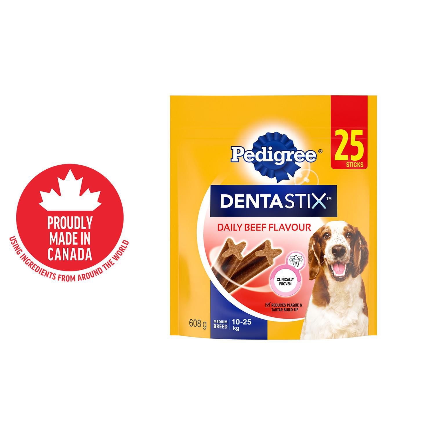 Gâteries de soins buccodentaires PEDIGREE DENTASTIX saveur de bœuf pour chiens de race moyenne, 25 bâtonnets, sachet de 608 g