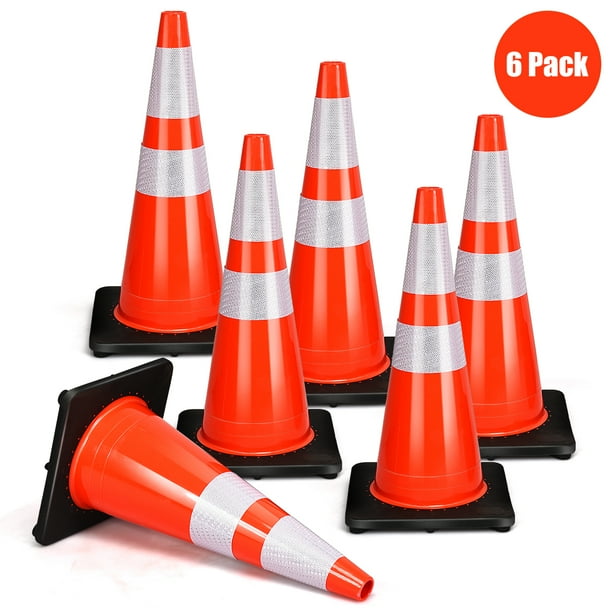 Costway 6Pcs PVC Traffic Safety Cones 28'' Fluorescent Reflective Road