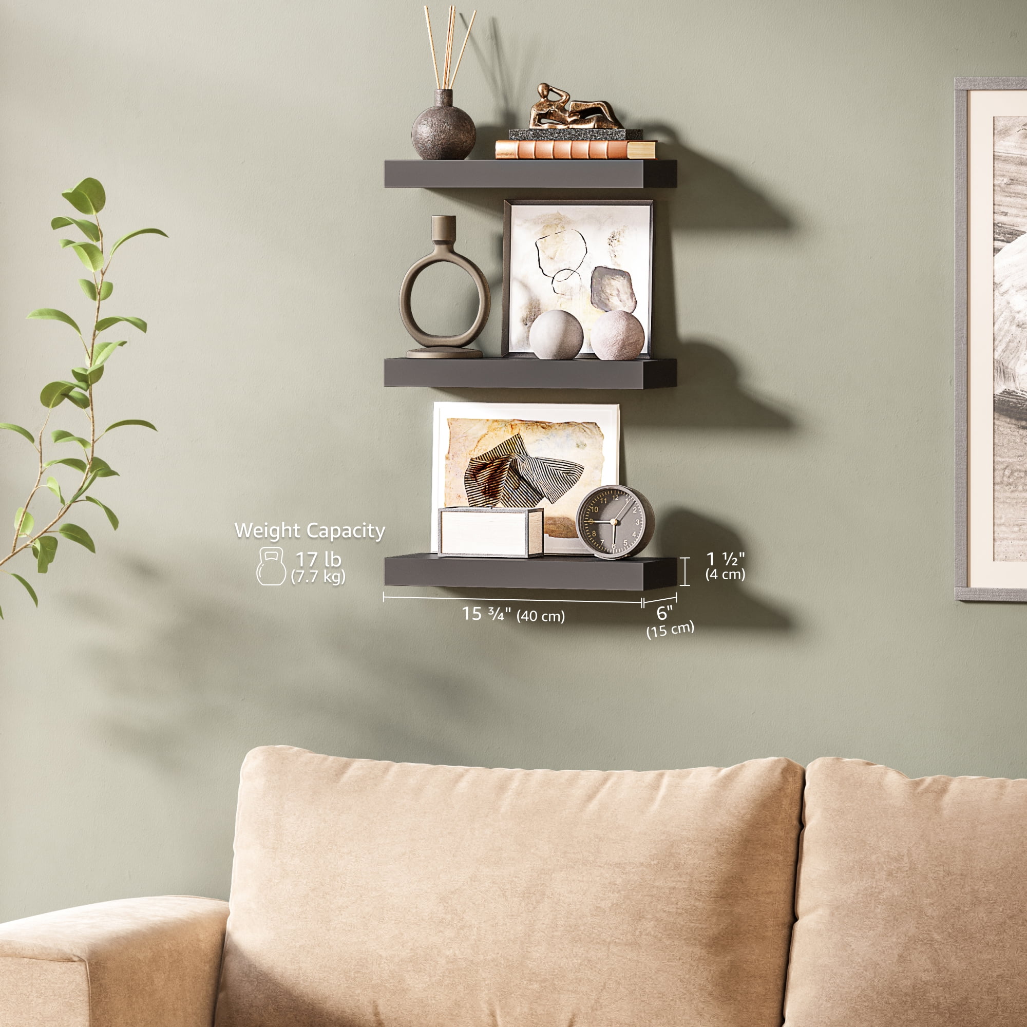 Ballucci 16" Floating Shelves for Wall, 3-Pack with Invisible Brackets, 6" Deep, Black
