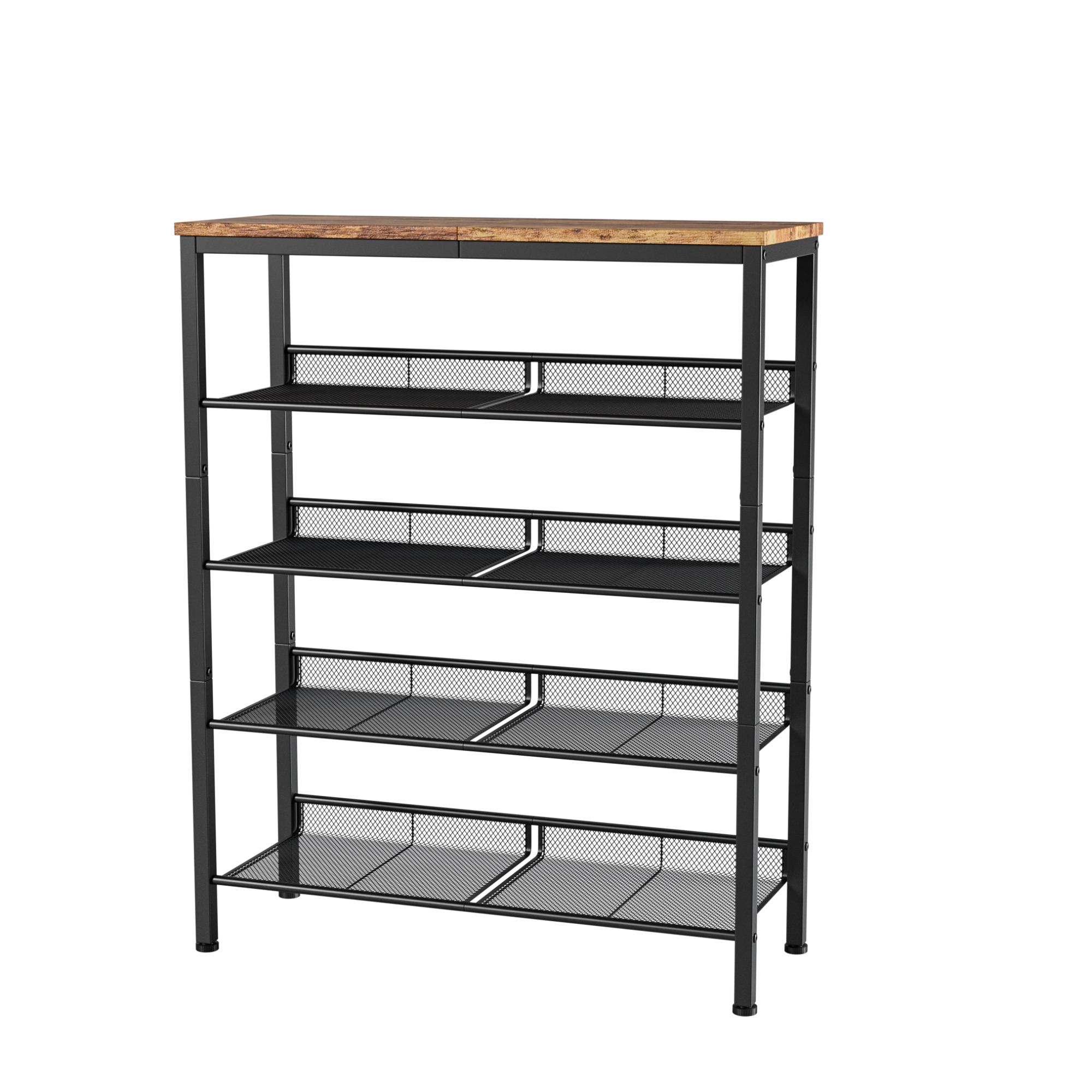 Leumius Adjustable 5-Tier Industrial Shoe Rack, Country Style Shoe Storage Organizer with 4 Mesh Shelves, Freestanding Shoe Rack for Entryway, Porch, Living Room and Bedroom