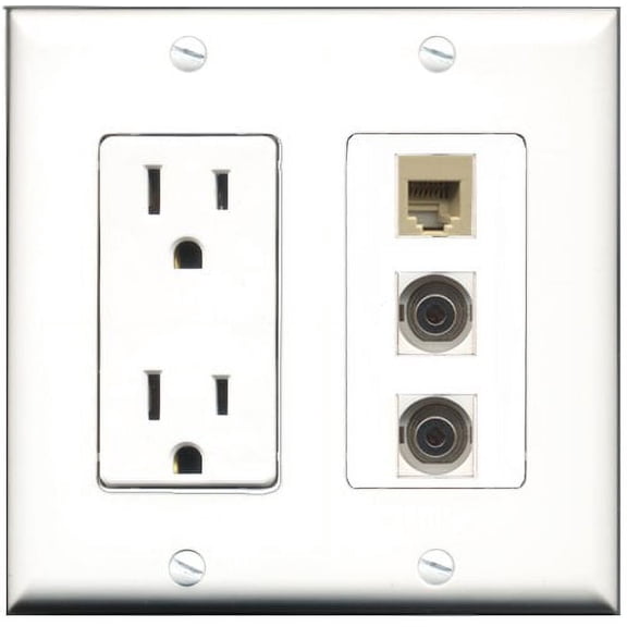 RiteAV - 15 Amp Power Outlet 1 Port Phone Beige 2 Port 3.5mm Decorative Wall Plate