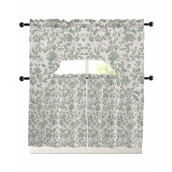 Farmhouse Flower Kitchen Curtains Sets 24 Inch Length with Valance, Botanical Vintage Fruit Green Leaf Swag Valances and Tiers Curtain Set Drapes Swag Curtains for Living Room, Bathroom, Bedroom