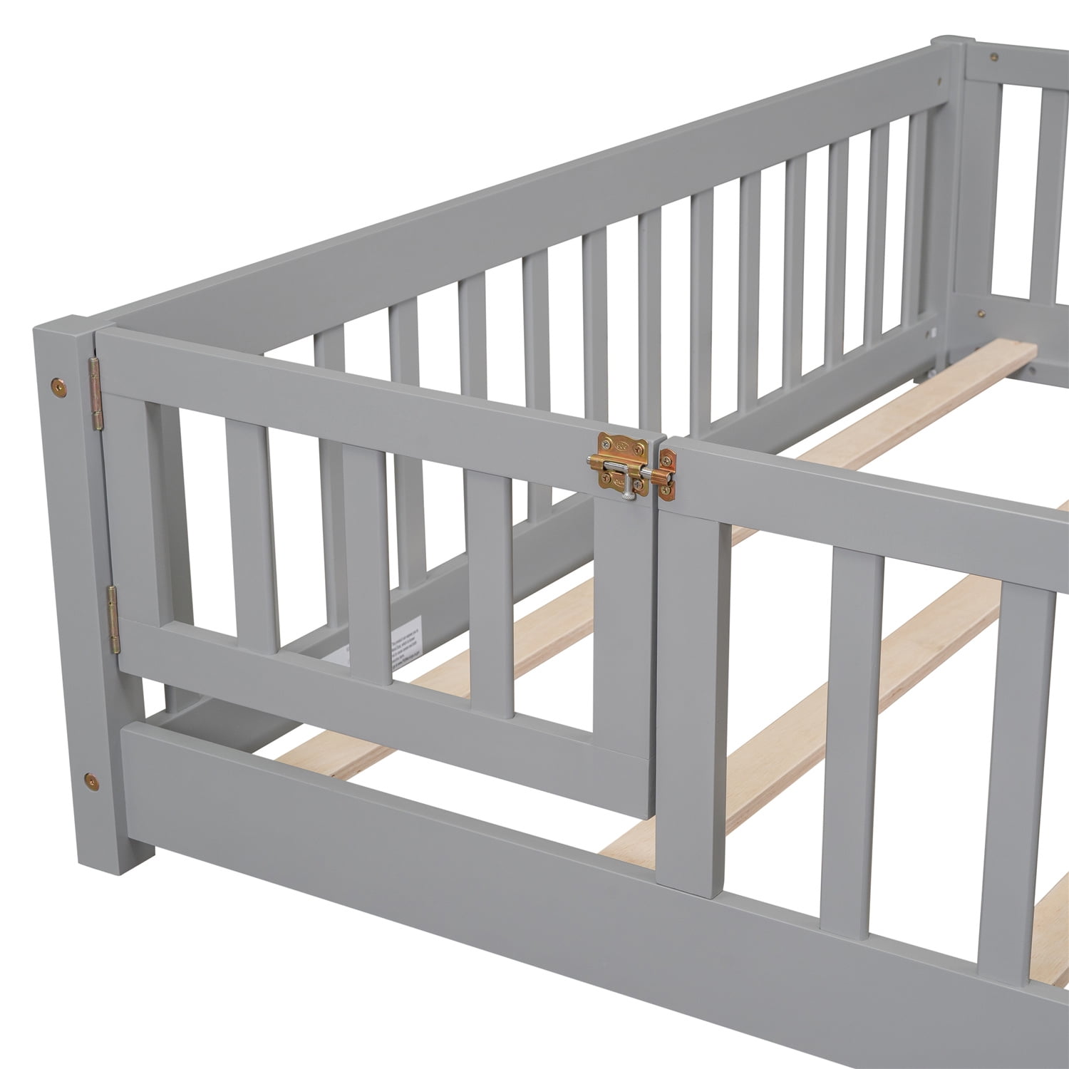 Queen Size Floor Bed, Solid Pine Wood Platform Bed Frame with Fence Guardrails & Door & Slats System, Multifunctional Floor Playpen Bed, Gray