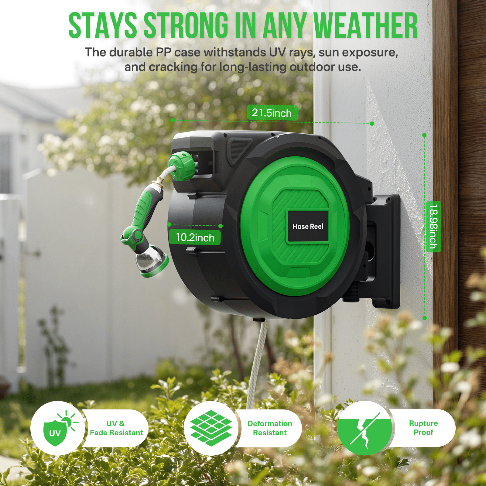 GINOST 100-150 ft Retractable Garden Hose Reel with 10-Pattern Spray Nozzle, Wall-Mounted Auto-Rewind System, Lock-at-Any-Length, Heavy-Duty 3-Layer PVC Hose (1/2-in)