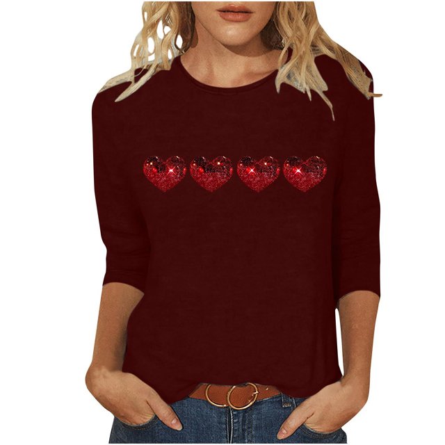 Plebaso Chemises à Manches 3/4 pour Femmes, Hauts Amples avec Cœur Mignon, Blouses Décontractées à Col Rond Imprimées
