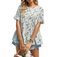thumbnail image 1 of Blusa informal verde claro para mujer, camiseta de cuello redondo y manga corta, talla XL, camisa elegante con volantes y estampado floral, 1 of 6