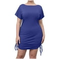 thumbnail image 2 of Women Dresses Dresses Sexy Solid Short Sleeved Oblique Shoulder Strap Fashion Dresses Blue Trendy Skirt Size 4XL, 2 of 9