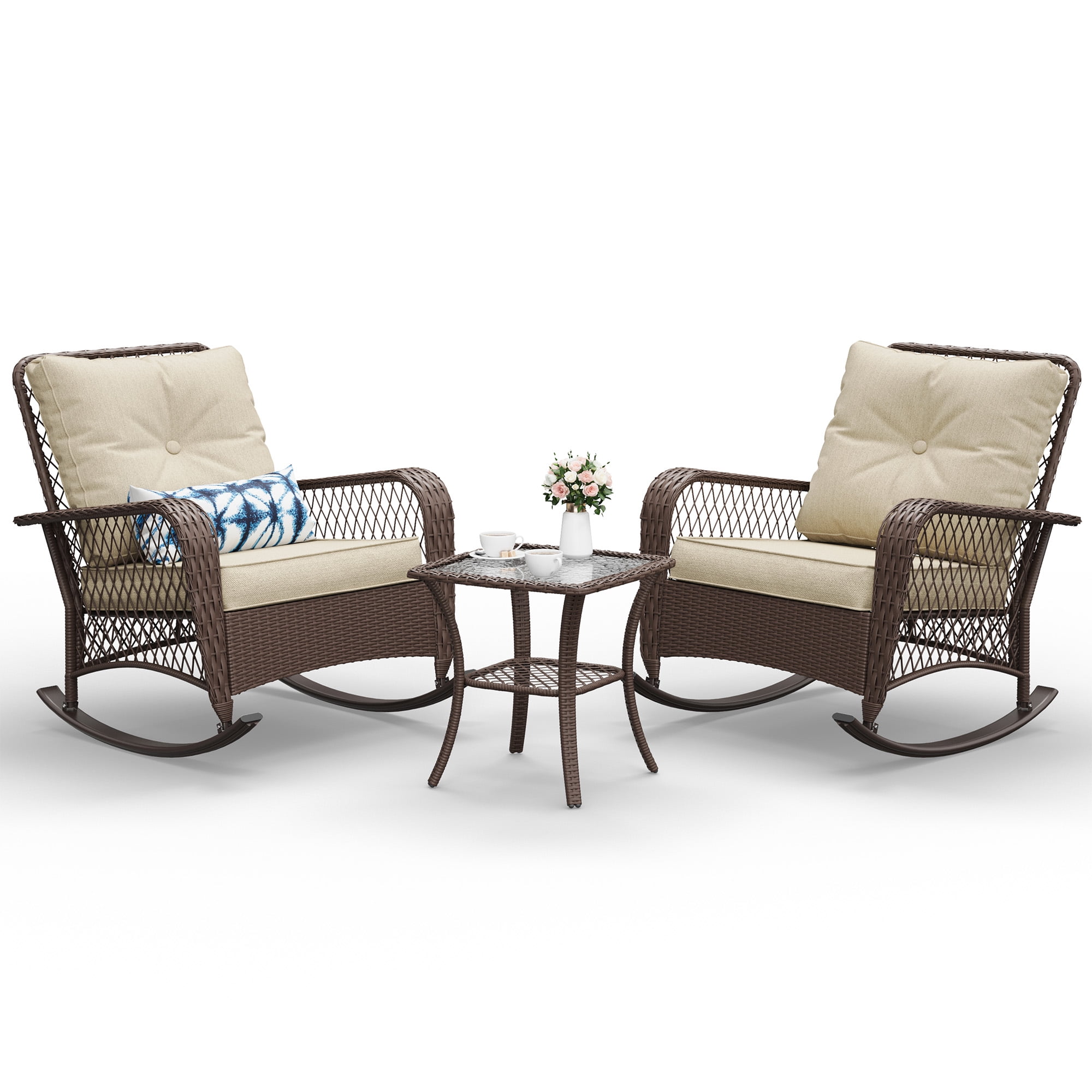 ELPOSUN 3-Piece Outdoor Rocking Chairs, Wicker Patio Furniture with Thickened Cushions and Table for Porch(Brown & Light Gray)
