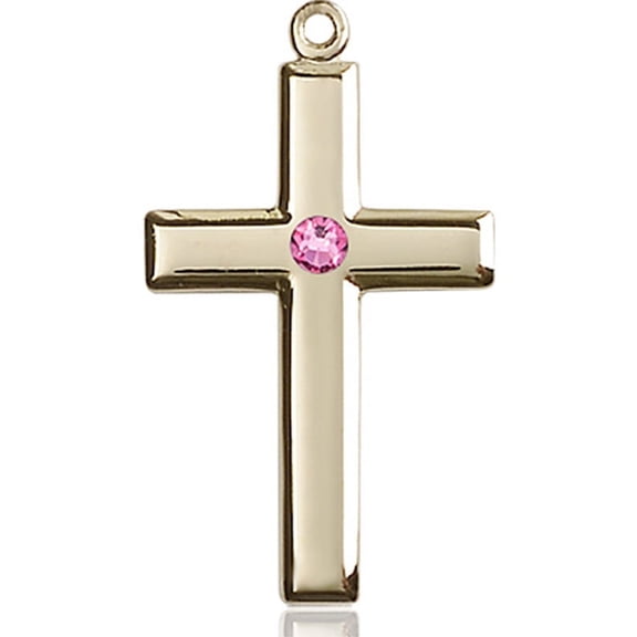 14kt Yellow Gold Cross Medal with 3mm October Rose Swarovski Crystal 1 1/8 x 5/8 inches