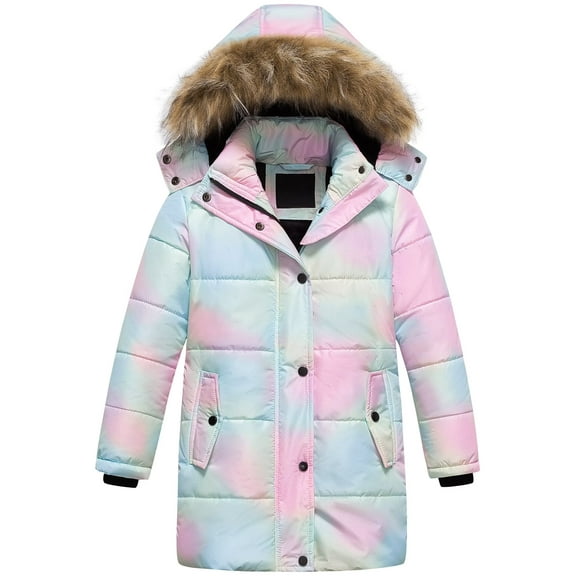 Chrisuno Girls Winter Parka Fleece Lining Comfy Girl's Puffer Jacket Thickened Long Length Winter Coats With Removable Hood Ombre 8