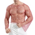 thumbnail image 5 of Mens Shirts, Men's Rhinestones Sparkle Fishnet Rave Tops Bell Sleeve Hollow Loose Sheer Festival Clubwear Shirts Streetwear, 5 of 5