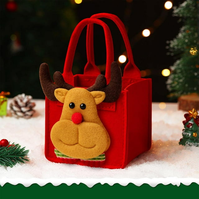 Feltree Christmas Gift Bag 5-Pack Assorted Christmas Designs for Packaging Holiday Gifts Reusable Felt Material 3.74 Inch
