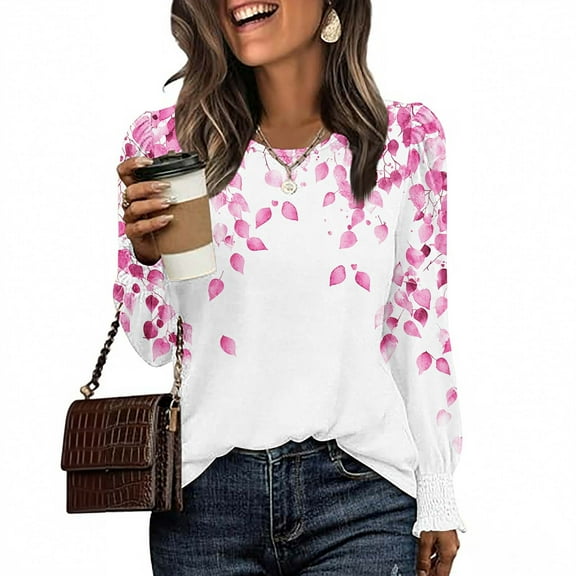 HOMBOM Womens T-Shirts Puff Sleeve Fall Pink Crew Neck Tops Long Sleeve Floral for Women Relaxed Fit