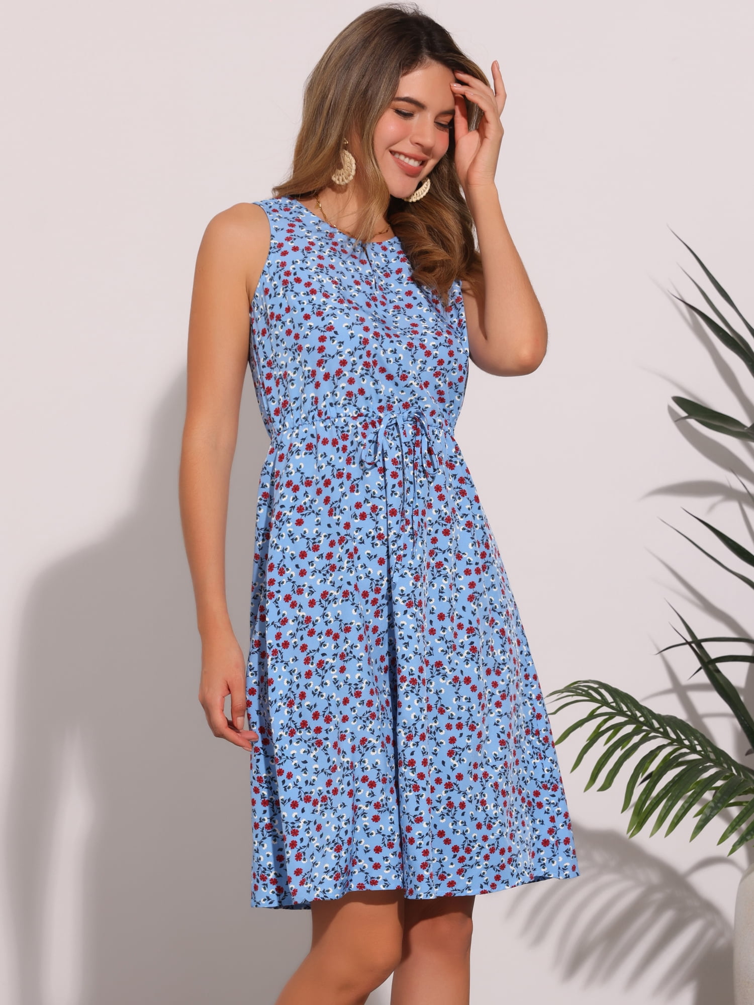 DARING DIVA Women's Midi Floral Summer Casual Sleeveless Dress M Blue Red