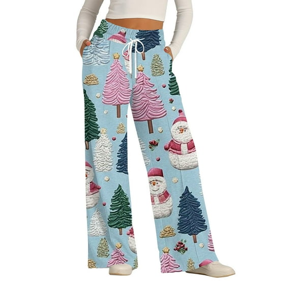 Women's Fashion Casual Loose Printed Wide-Leg Sports Pants with Christmas Print, Comfortable Home and Outdoor Wear, Elastic Waist with Drawstring for Easy Fit, Light Blue, L