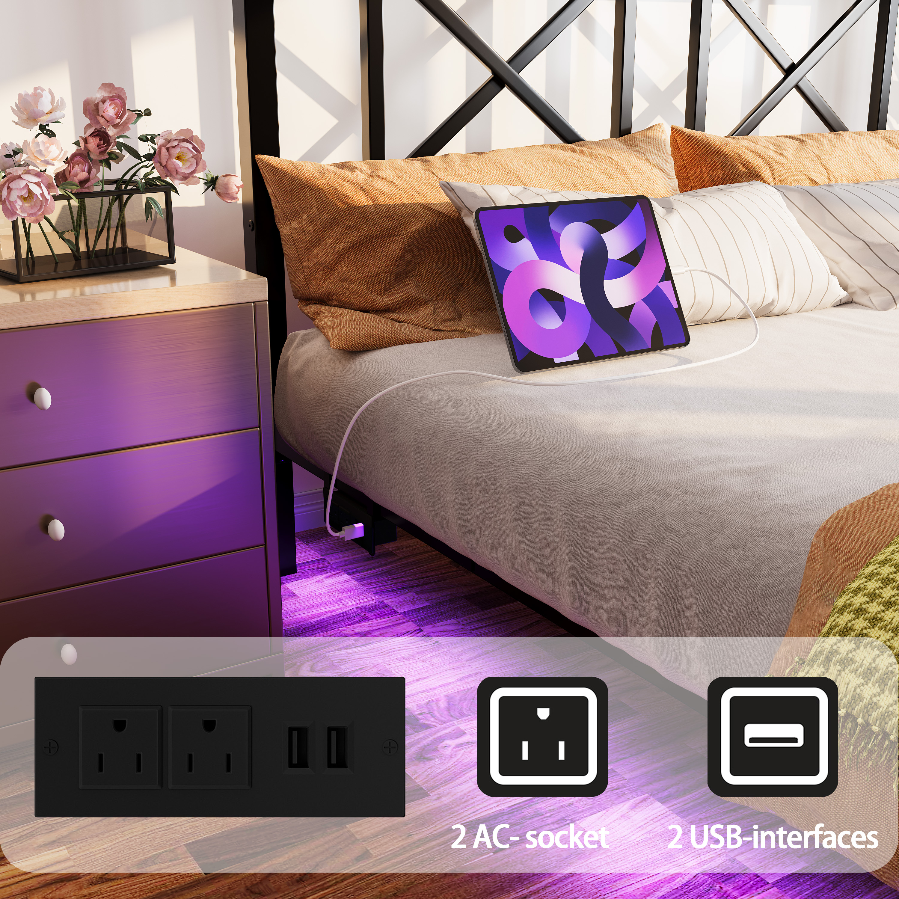 Miniyam Queen Size Floating Metal Platform Bed with RGB LED Lights, Storage Headboard with AC & USB Charging Ports, Black