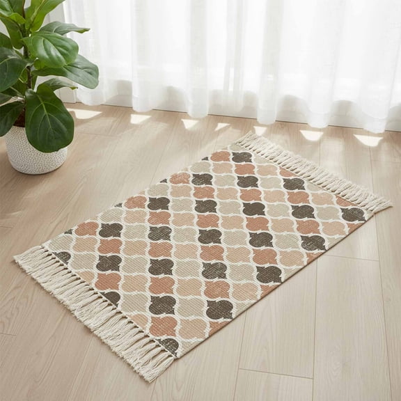 Bathroom Rug 2'x 3', Ombre Brown Geometric Plaid Retro Abstract Morocco Gingham Woven Cotton Washable Rug with Tassels, Non Slip Front Door Mat for Entrance, Doorway, Hallway, Laundry Room