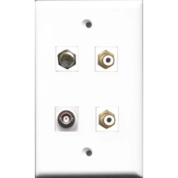 RiteAV - 2 Port RCA White and 1 Port Coax Cable TV- F-Type and 1 Port BNC Wall Plate