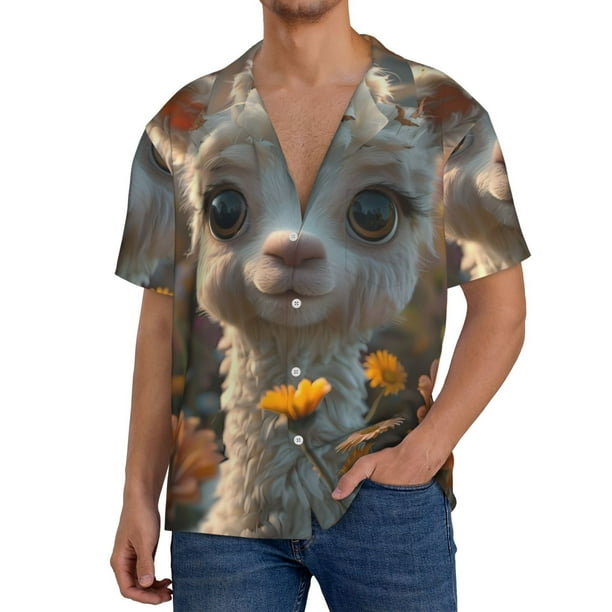 Balery Adorable Llama In Flowers Camisa Casual de Manga Corta con Botones para Hombre, Texturizada, Estilo Cubano, para Playa, Verano-Large