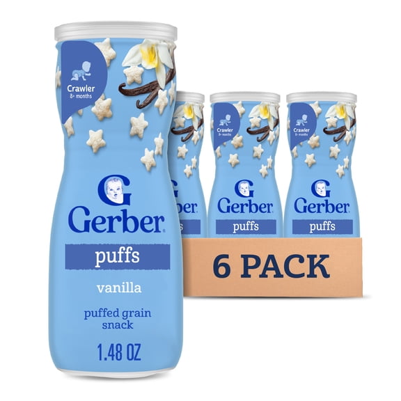 Gerber Snacks for Baby Grain & Grow Puffs, Vanilla, 1.48 oz Canister (6 Pack)