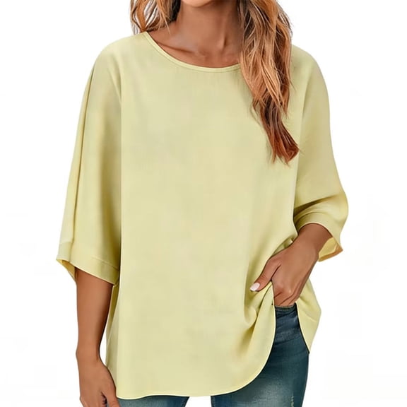 Women’s Capris Sleeve T-Shirt Loose Round Neck Pullover Tops Summer Casual Comfy Tees