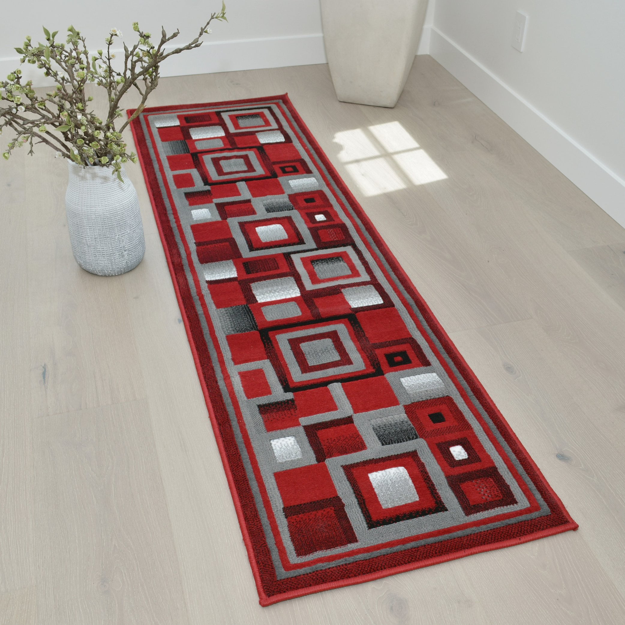 HR Rugs Red Gray and Black Abstract Geometric Modern Squares Pattern