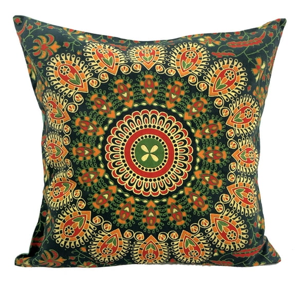 Stylo Culture Ethnic Settee Sofa Throw Pillow Cover 16 x 16 Peacock Eye Printed Dark Green Traditional 40cm x 40cm Home Decor Cotton Mandala Square Cushion Cover | 1 Pc
