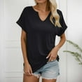 thumbnail image 2 of MIXUE Womens Summer Tops Solid Color V Neck Short Sleeve Fashion Loose T-shirts Holiday Wear,Black,L, 2 of 4