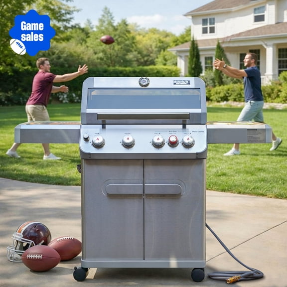 Monument Grills 4 1 Burner Natural Gas Grill with Natural Gas Hose, 50,000 BTU Stainless Steel Outdoor Patio Barbecue Grill, Broil Zone Fast Heating, Knob Lights, and Easy Cleanup, M415BZNG